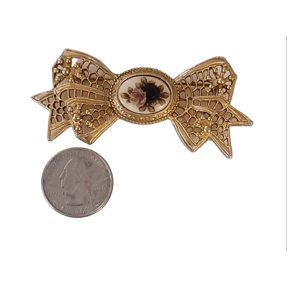 1928 Brand Gold Tone Roses Bow Pin Brooch K669 - Picture 6 of 9